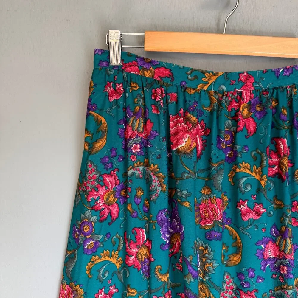 Vintage ALFRED DUNNER Women's 16 Green/Blue Floral Full Midi Retro Skirt 90's - Picture 2 of 9